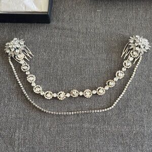 Bridal wedding Silver Crystal DoubleComb Hair Chain Rhinestone Floral Links